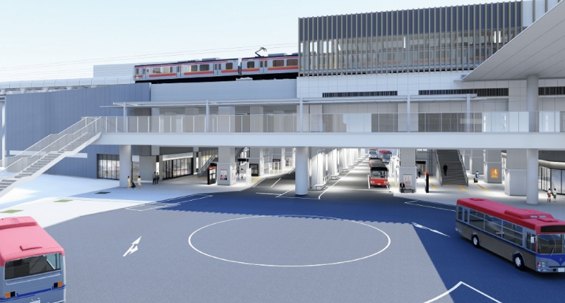 在来線全線高架化と駅直下バスターミナル整備のイメージ図